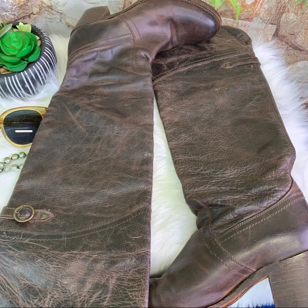 FRYE Classic Brown Jane Tall Cuff OTK Heeled Distressed Leather Boots, 6.5B